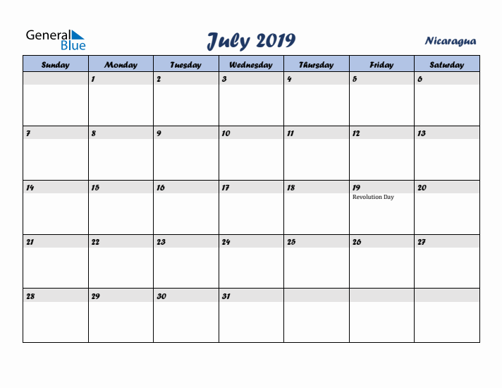 July 2019 Calendar with Holidays in Nicaragua