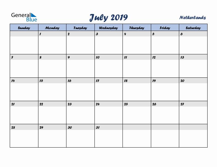 July 2019 Calendar with Holidays in The Netherlands