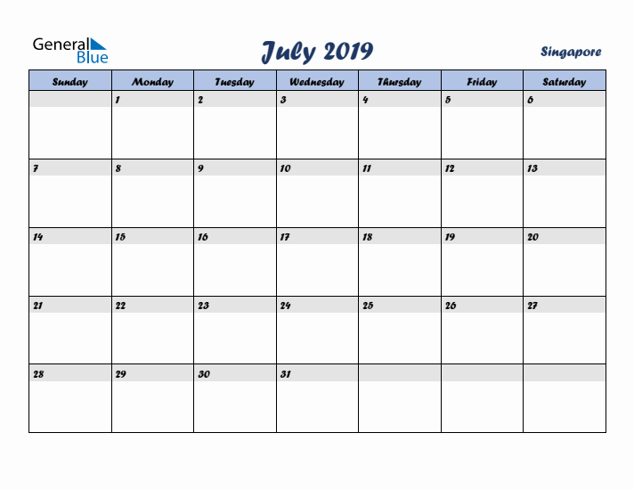 July 2019 Calendar with Holidays in Singapore