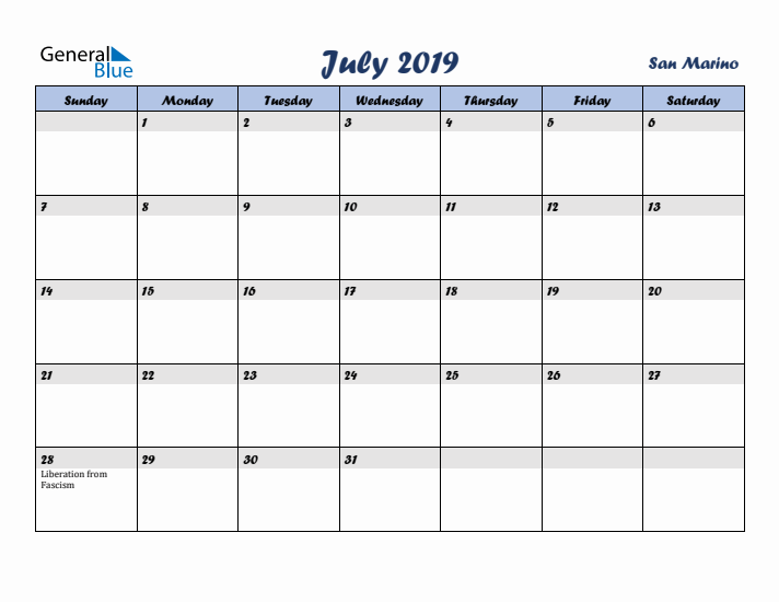 July 2019 Calendar with Holidays in San Marino