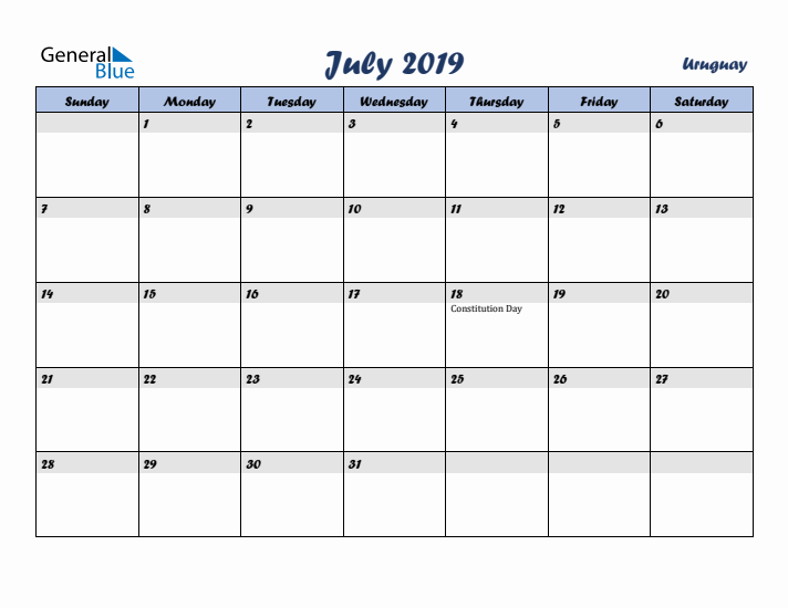 July 2019 Calendar with Holidays in Uruguay