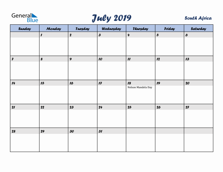 July 2019 Calendar with Holidays in South Africa