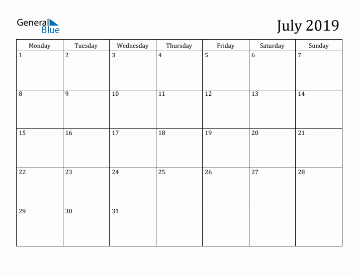 July 2019 Calendar