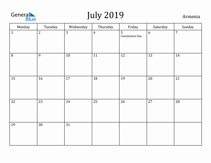 July 2019 Calendar Armenia