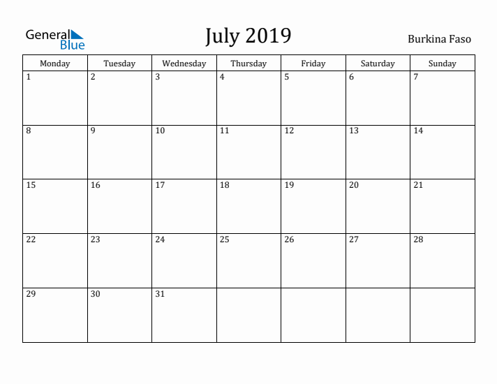 July 2019 Calendar Burkina Faso