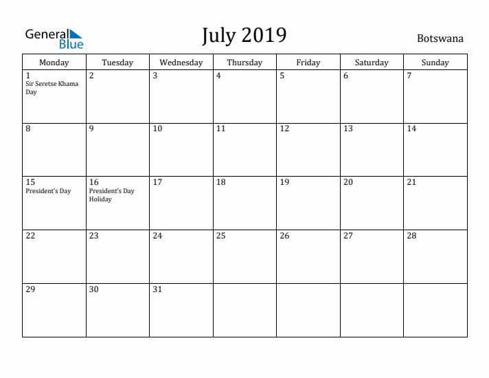 July 2019 Calendar Botswana