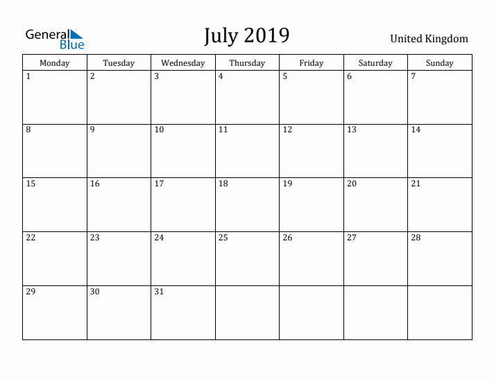 July 2019 Calendar United Kingdom