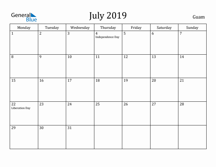 July 2019 Calendar Guam