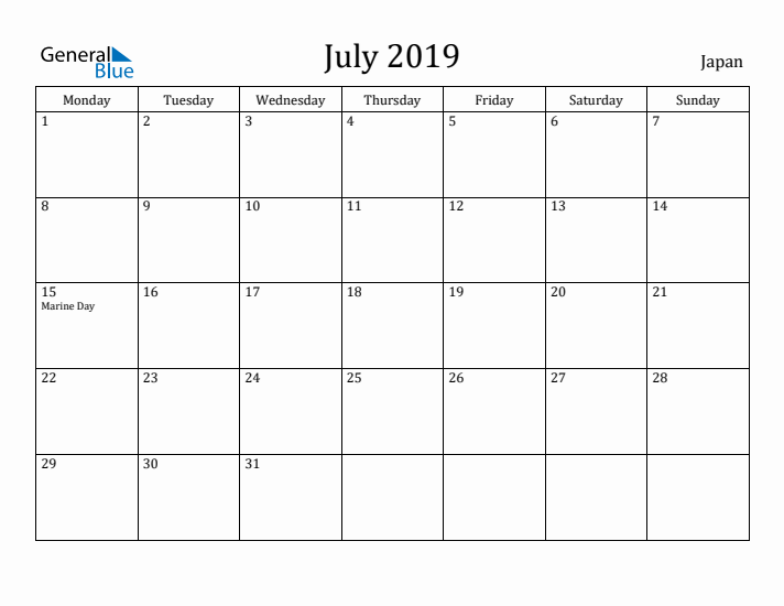 July 2019 Calendar Japan