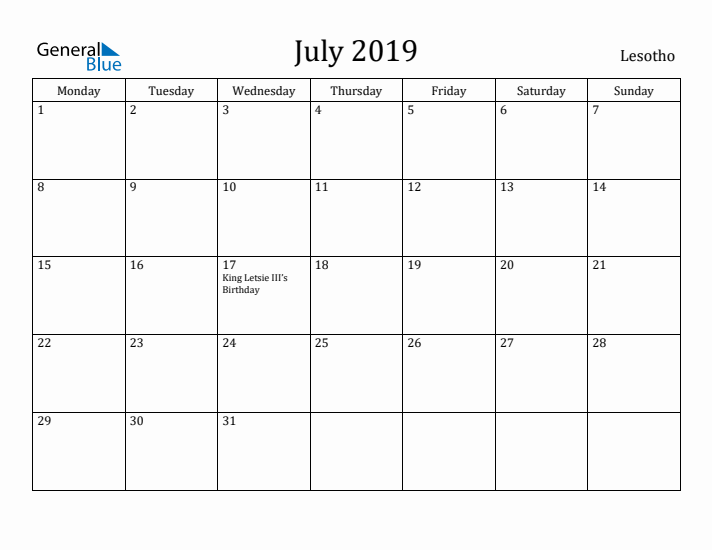 July 2019 Calendar Lesotho