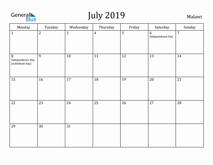 July 2019 Calendar Malawi