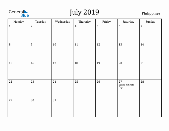 July 2019 Calendar Philippines