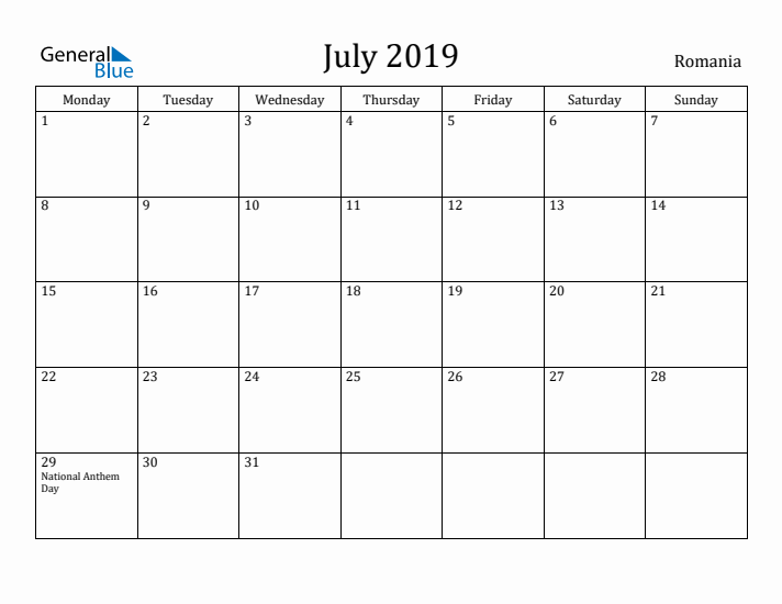 July 2019 Calendar Romania