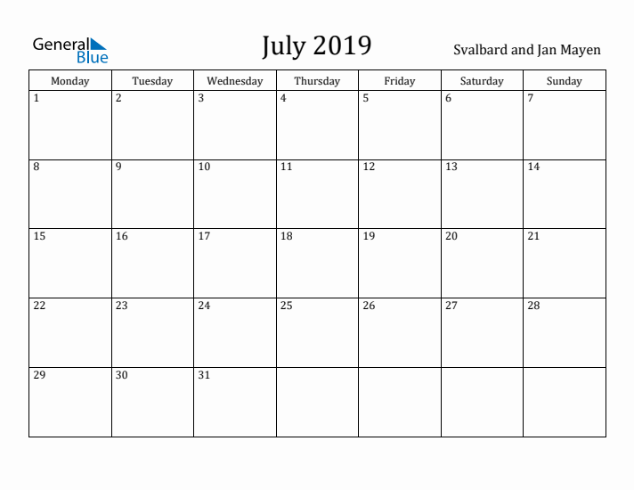 July 2019 Calendar Svalbard and Jan Mayen