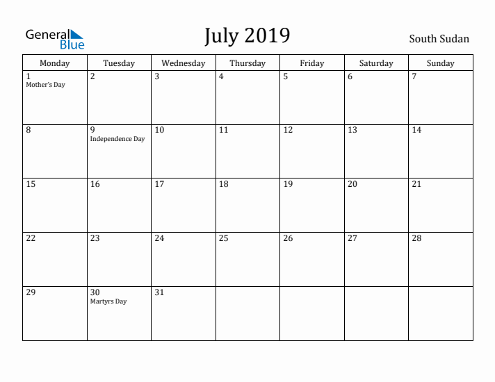 July 2019 Calendar South Sudan