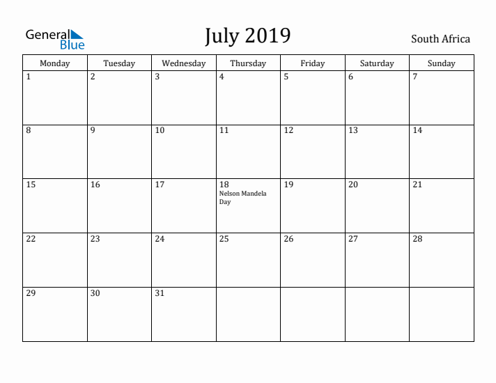 July 2019 Calendar South Africa