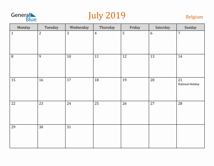 July 2019 Holiday Calendar with Monday Start