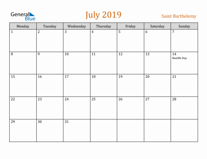 July 2019 Holiday Calendar with Monday Start