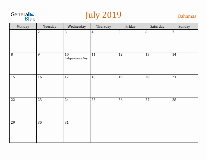 July 2019 Holiday Calendar with Monday Start