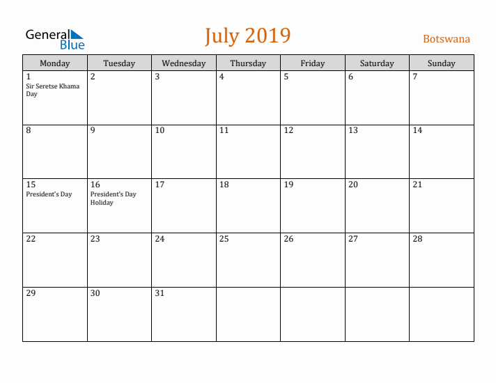 July 2019 Holiday Calendar with Monday Start