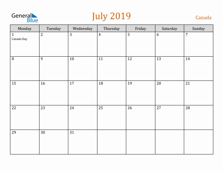 July 2019 Holiday Calendar with Monday Start