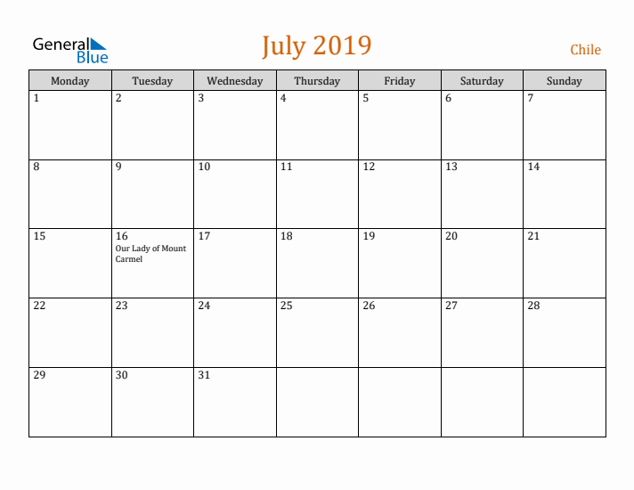 July 2019 Holiday Calendar with Monday Start