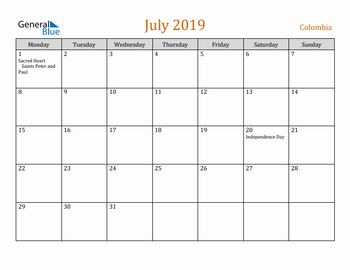 July 2019 Holiday Calendar with Monday Start