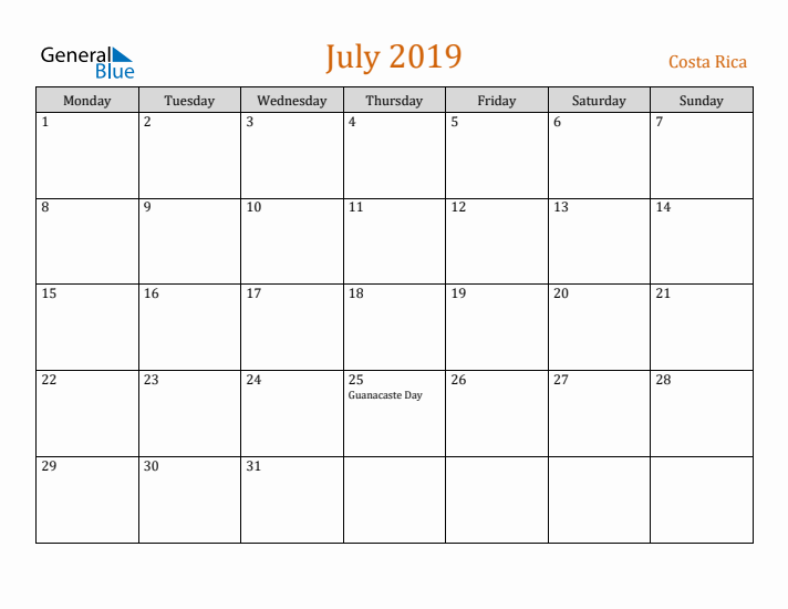 July 2019 Holiday Calendar with Monday Start