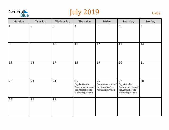 July 2019 Holiday Calendar with Monday Start