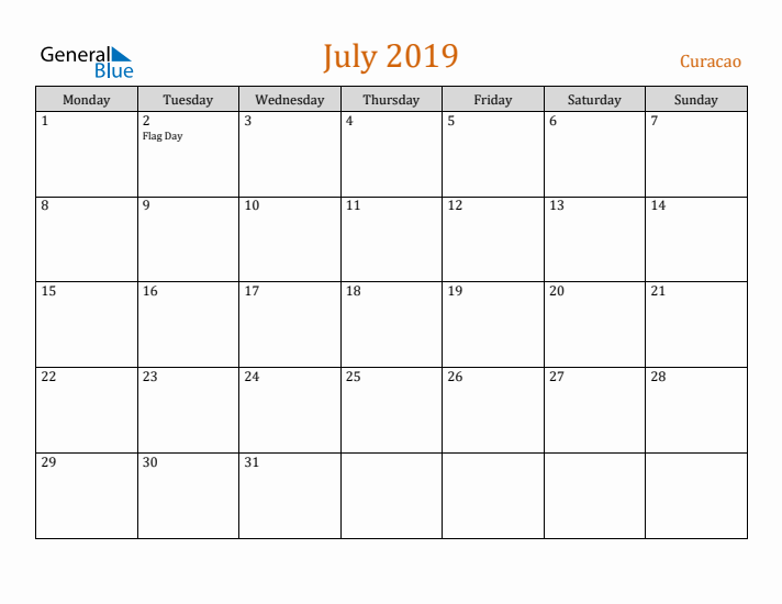 July 2019 Holiday Calendar with Monday Start