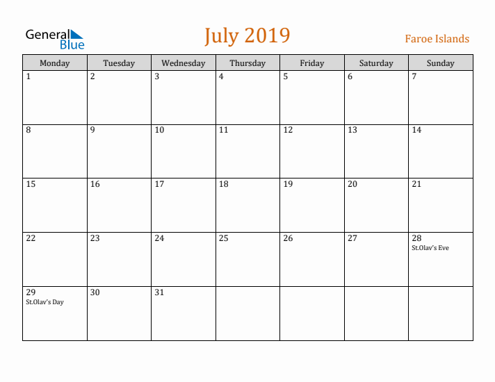 July 2019 Holiday Calendar with Monday Start