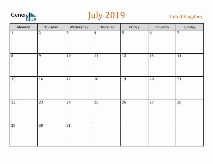 July 2019 Holiday Calendar with Monday Start