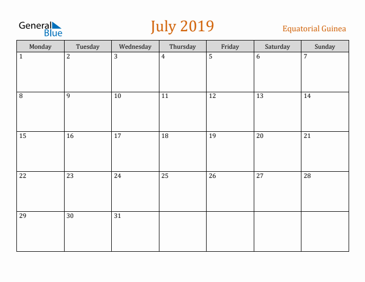 July 2019 Holiday Calendar with Monday Start