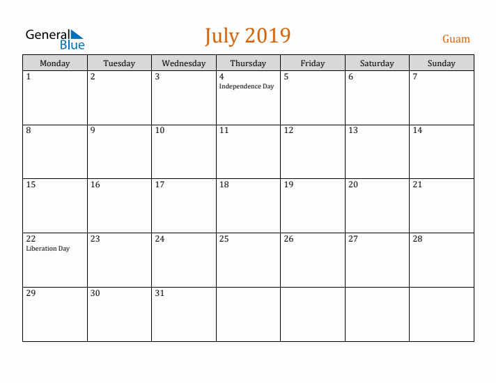 July 2019 Holiday Calendar with Monday Start