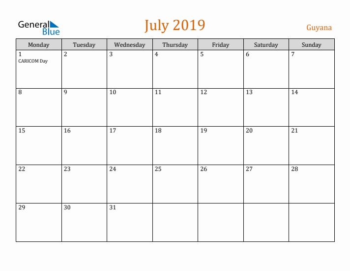 July 2019 Holiday Calendar with Monday Start