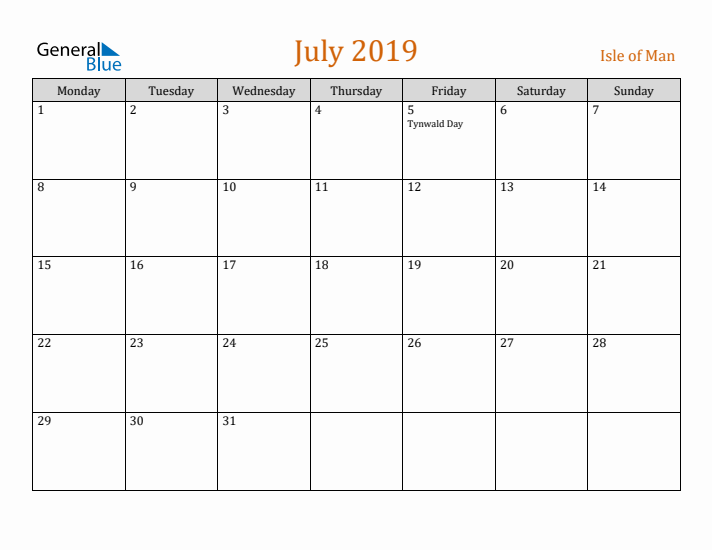 July 2019 Holiday Calendar with Monday Start