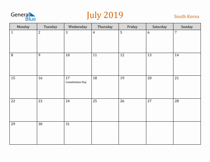 July 2019 Holiday Calendar with Monday Start