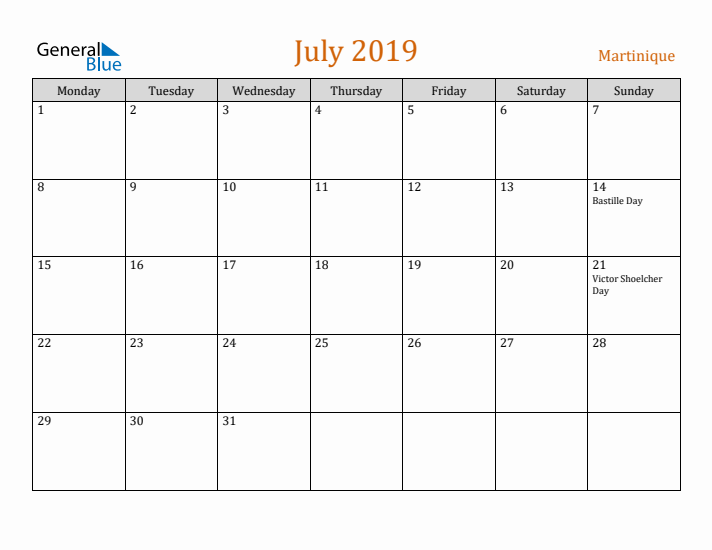 July 2019 Holiday Calendar with Monday Start