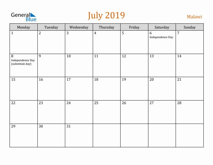 July 2019 Holiday Calendar with Monday Start