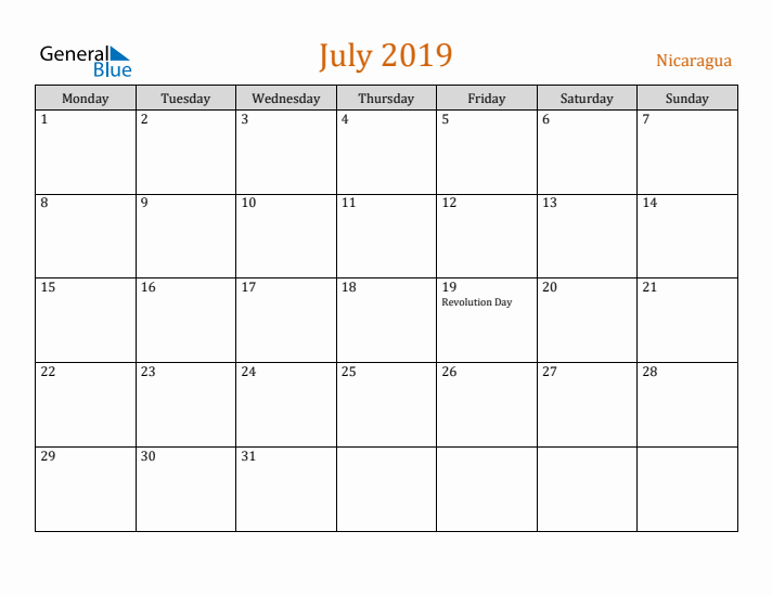 July 2019 Holiday Calendar with Monday Start