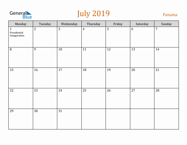 July 2019 Holiday Calendar with Monday Start