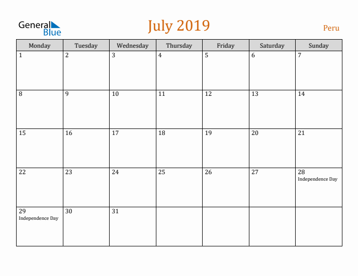 July 2019 Holiday Calendar with Monday Start