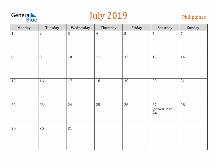 July 2019 Holiday Calendar with Monday Start