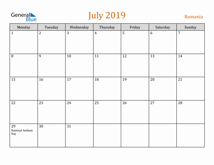 July 2019 Holiday Calendar with Monday Start