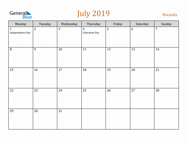 July 2019 Holiday Calendar with Monday Start