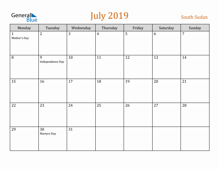 July 2019 Holiday Calendar with Monday Start