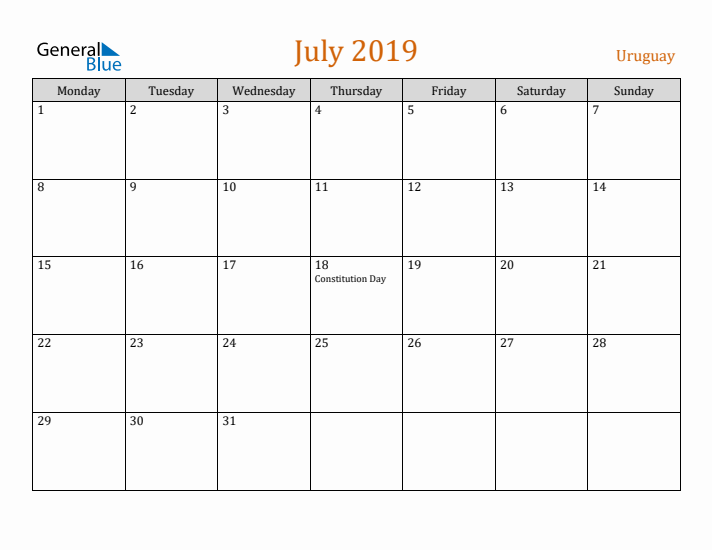 July 2019 Holiday Calendar with Monday Start