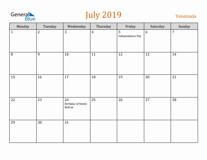 July 2019 Holiday Calendar with Monday Start