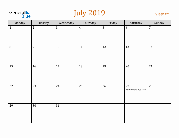 July 2019 Holiday Calendar with Monday Start