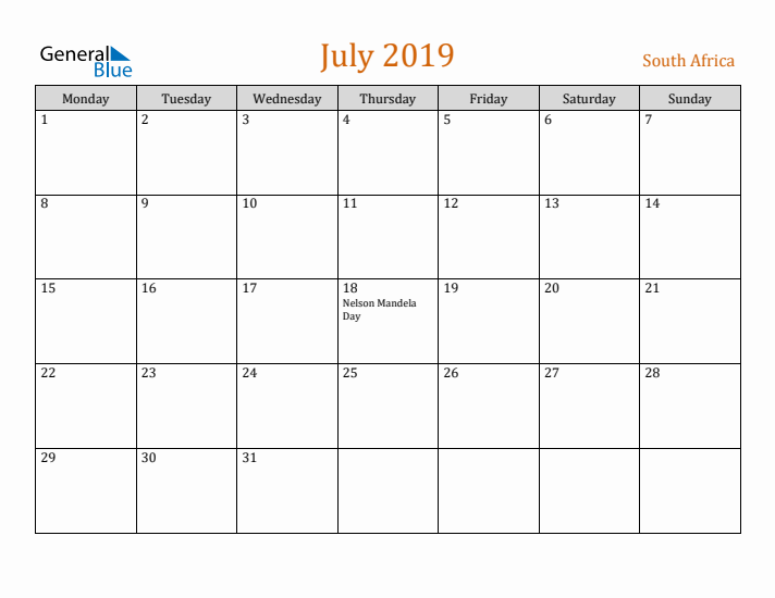 July 2019 Holiday Calendar with Monday Start